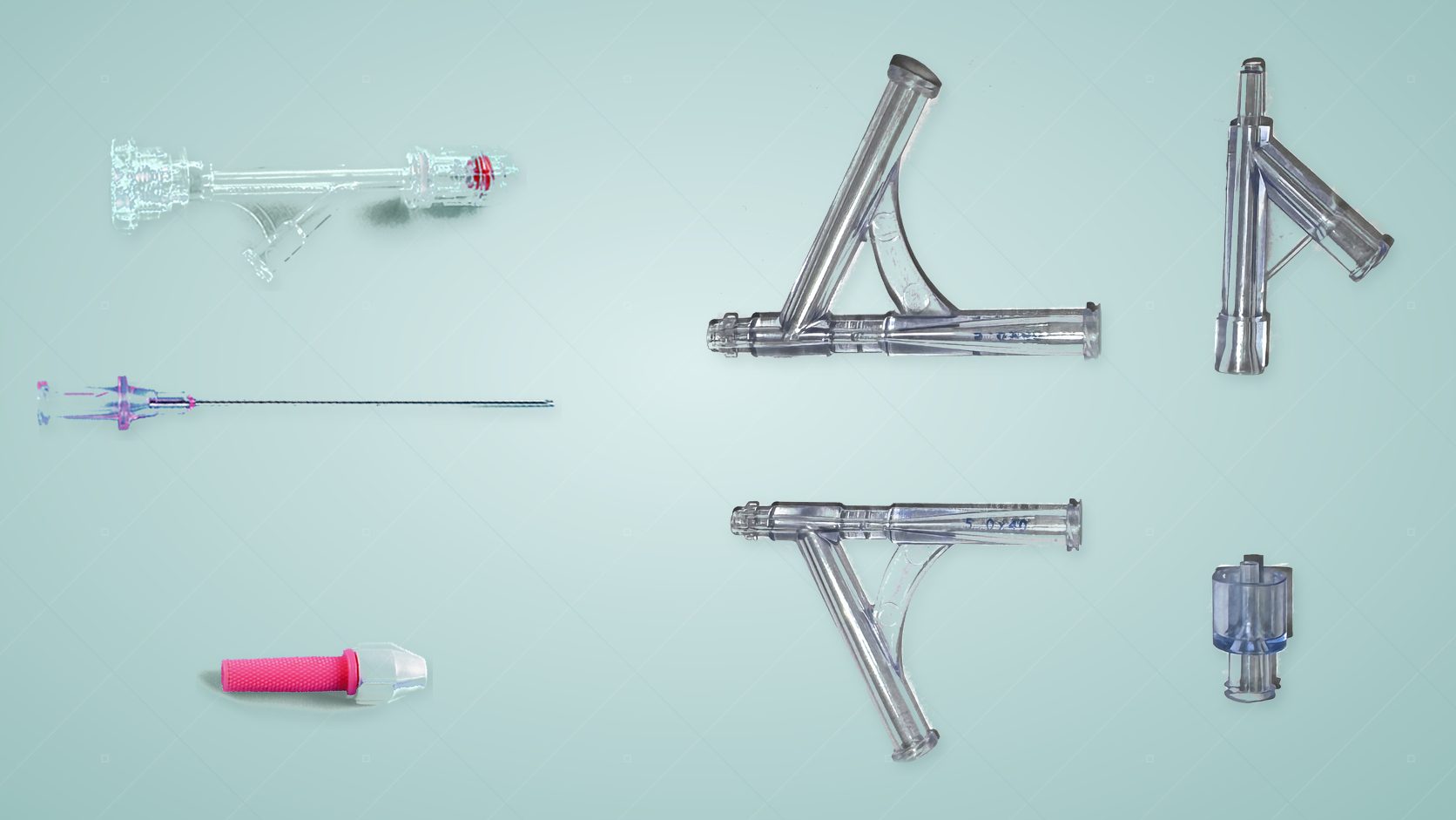 Hemostasis Y-valve, guidewire tools, insertion needle, and transparent valve components on a Polymerex-style teal clinical background